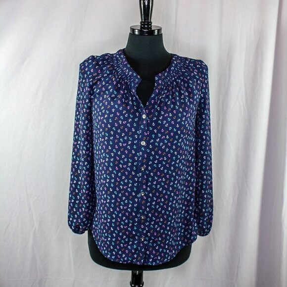 Talbots Blouse Anchor Print Blue Pastel Colors Button Down Size SP - Picture 1 of 5